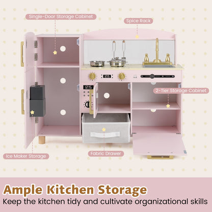 Open view of the pink play kitchen showing storage compartments