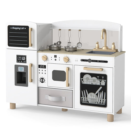 Wooden Kids Play Kitchen with ice maker and fabric drawer in white
