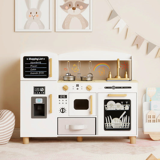 The white play kitchen is shown in a child's bedroom with decorations
