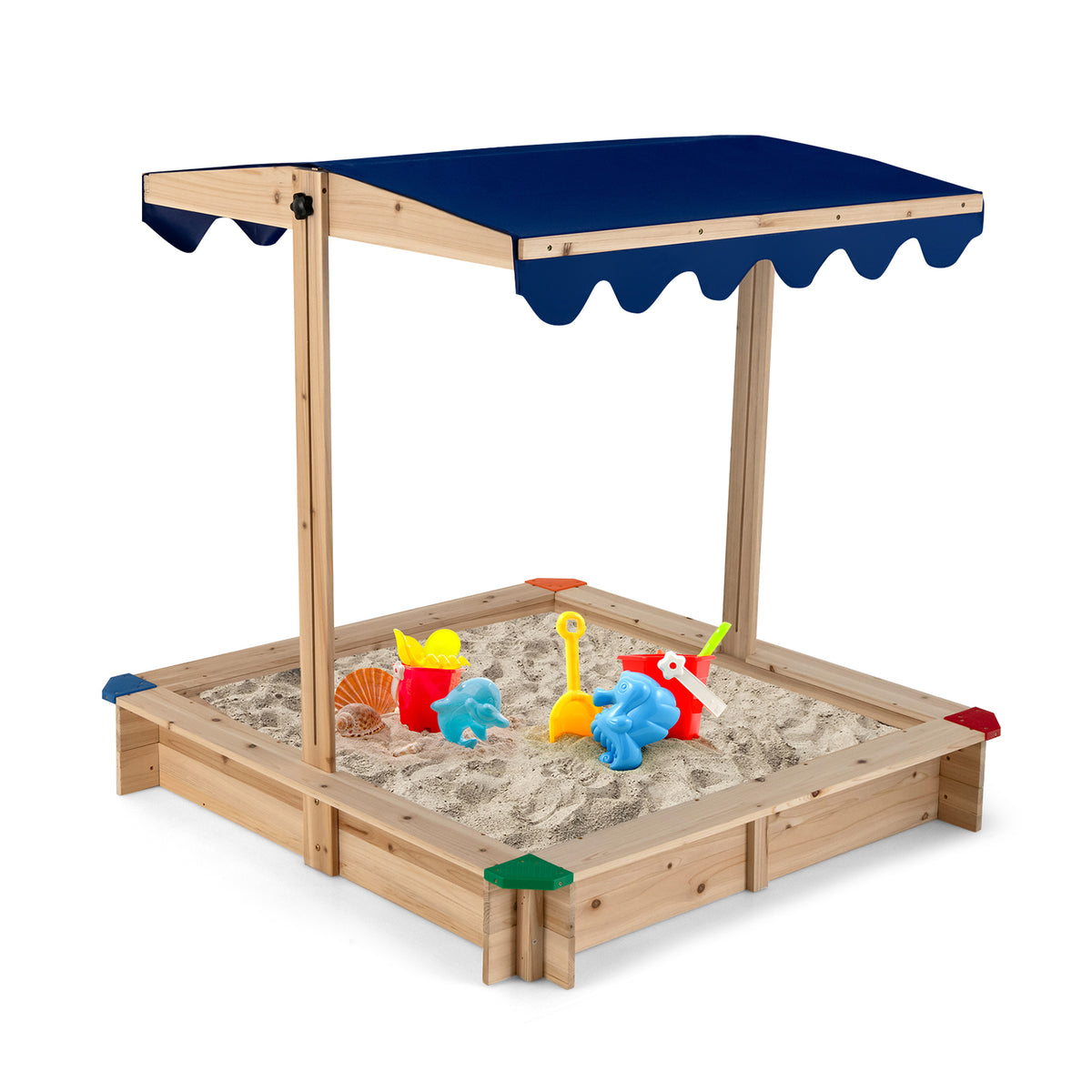Wooden Kids Sandbox with Height-Adjustable Canopy and Protective Corners, a square wooden sandpit with a blue canopy and sand