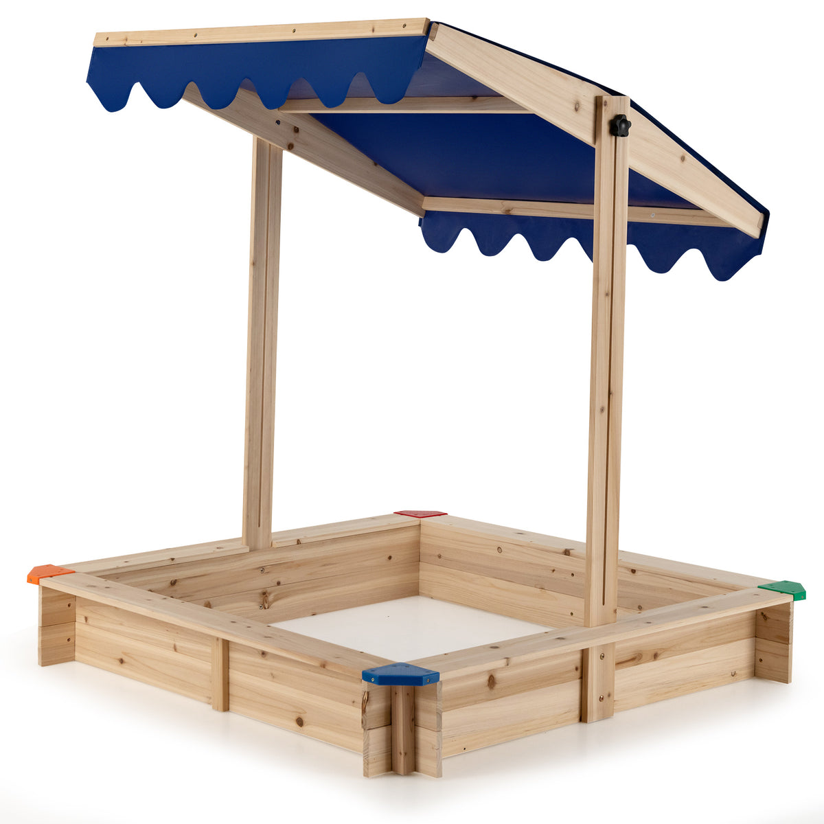 The wooden kids sandbox with blue canopy viewed from a low angle showing the construction