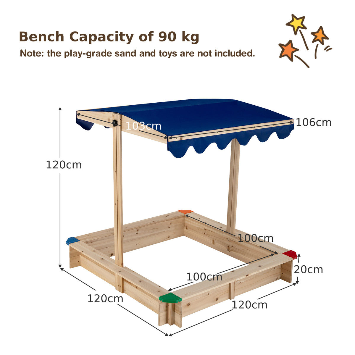Diagram showing the dimensions of the wooden kids sandbox with canopy and protective corners