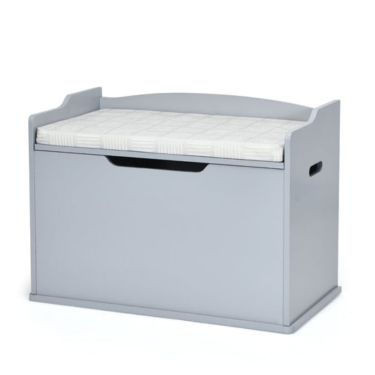 Wooden kids toy box and bench in grey with a white cushioned top