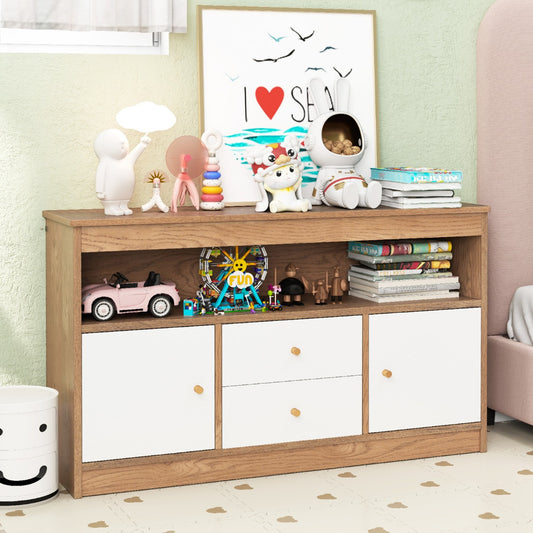 The kids storage unit placed in a bedroom with various toys and books on the top shelf