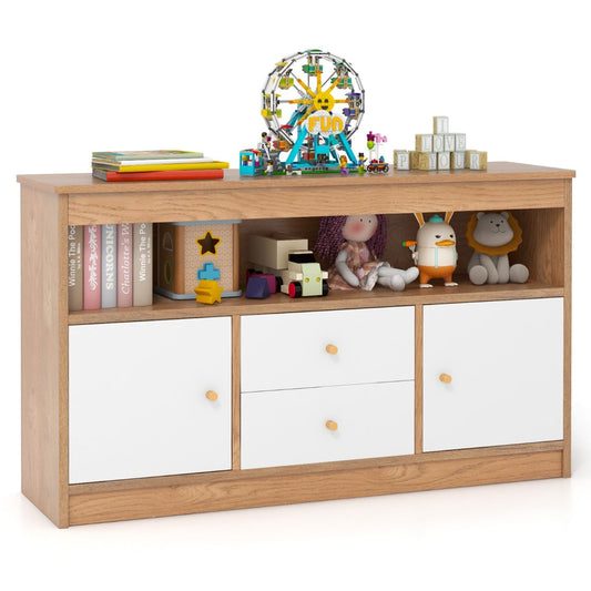 Wooden Kids Toy Children Bookshelf Storage Chest with white doors and drawers filled with toys