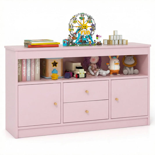 Wooden Kids Toy Children Bookshelf Storage Chest in pink with toys and books on the open shelf