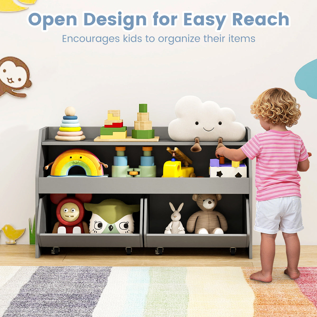 A child reaching for toys in the open toy storage unit