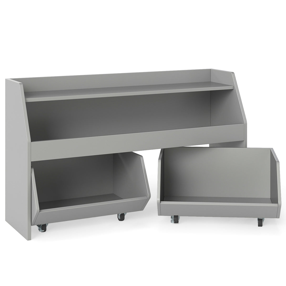 Wooden Kids Toy Storage Box with two movable drawers and anti-toppling kit in grey