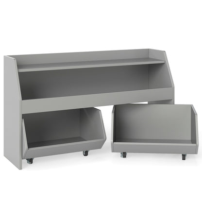 Wooden Kids Toy Storage Box with two movable drawers and anti-toppling kit in grey