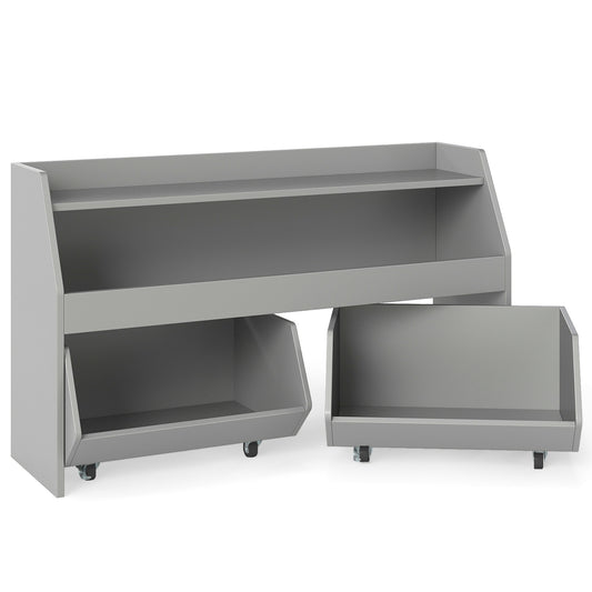 Wooden Kids Toy Storage Box with two movable drawers and anti-toppling kit in grey
