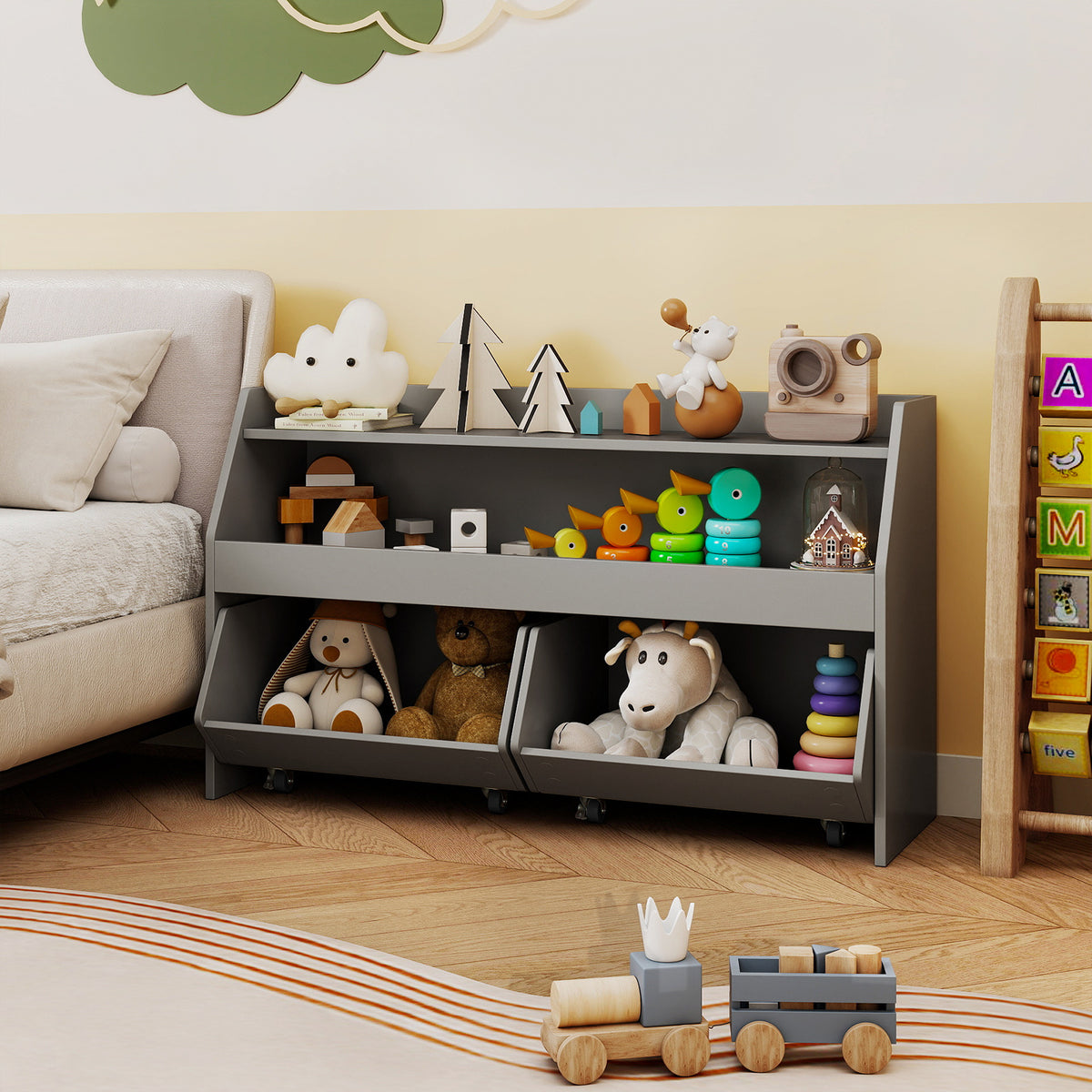 The kids storage box filled with toys in a nursery room