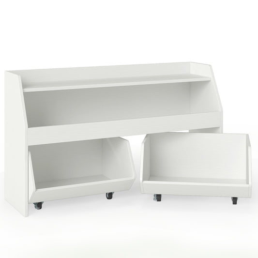 Wooden Kids Toy Storage Box with one drawer pulled out to show the wheels