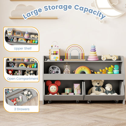 The kids storage unit showing upper shelf, open compartment and two drawers