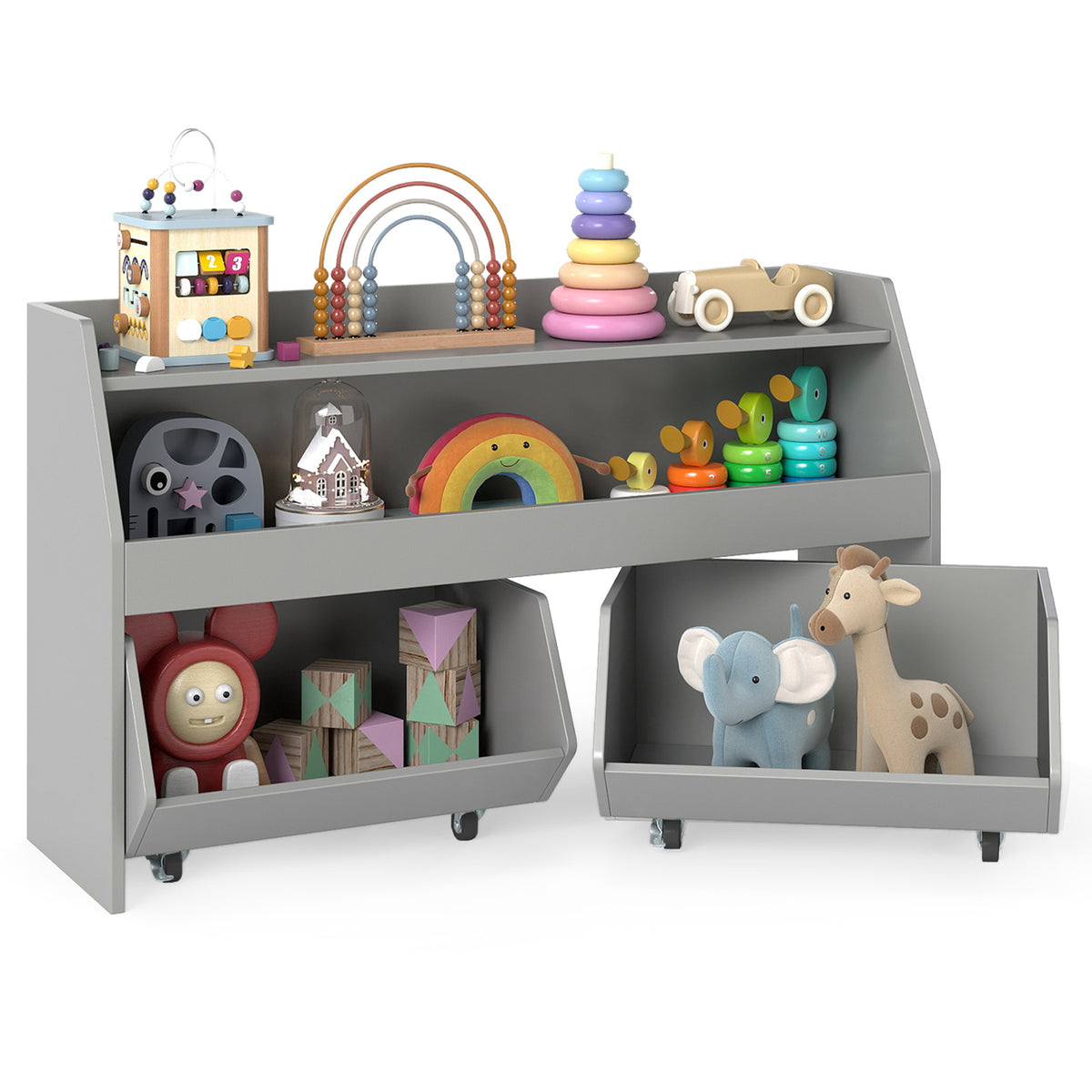 The grey toy storage unit with drawers and shelves full of children's toys