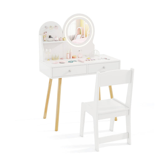 Wooden Kids Vanity Set with Lighted Mirror, white finish, with a chair and accessories on top