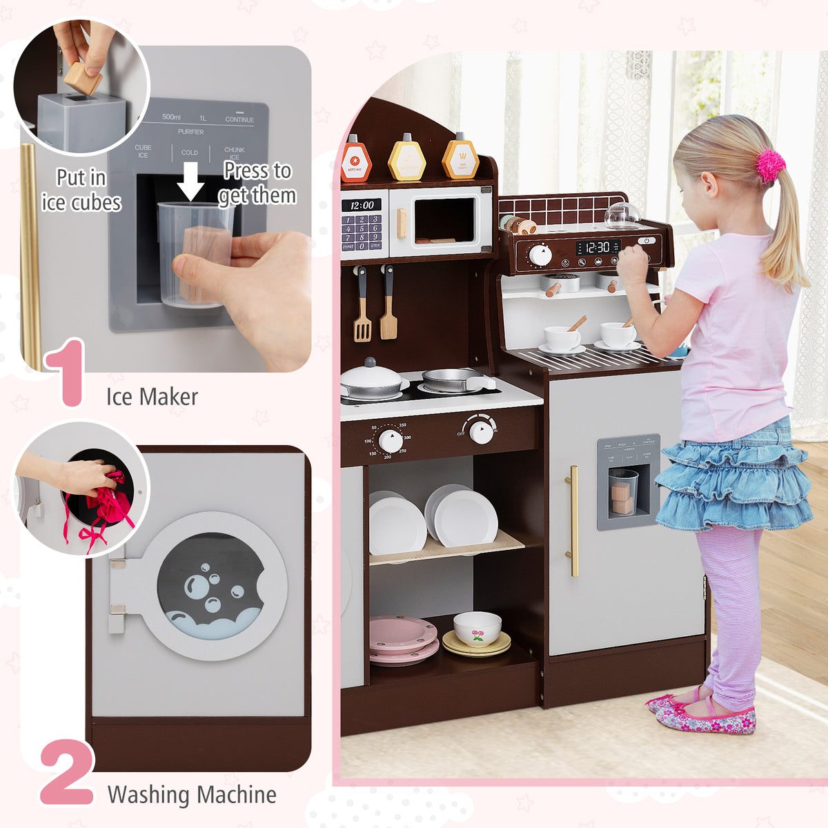 A girl playing with the wooden kitchen playset, pretending to use the stove and oven