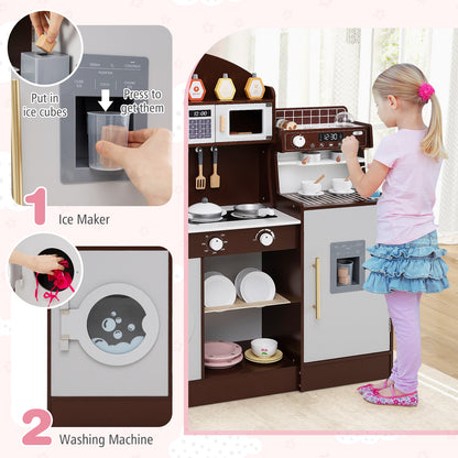 A girl playing with the wooden kitchen playset, pretending to use the stove and oven