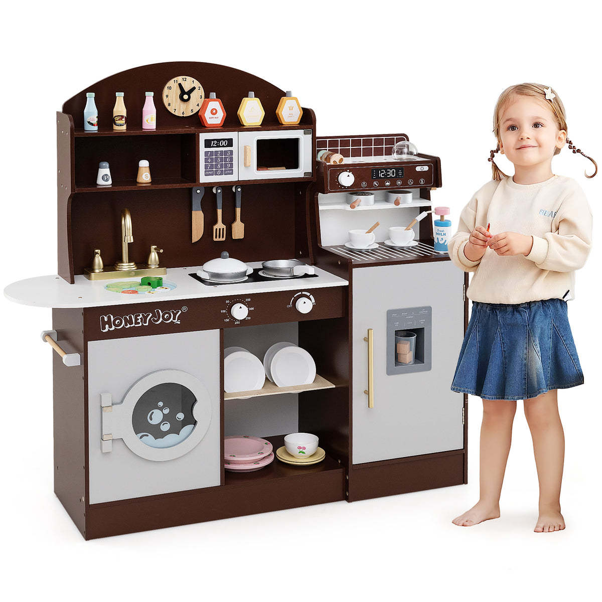A child using the ice dispenser on the wooden kitchen playset, with a close-up inset of the ice dispenser and washing machine