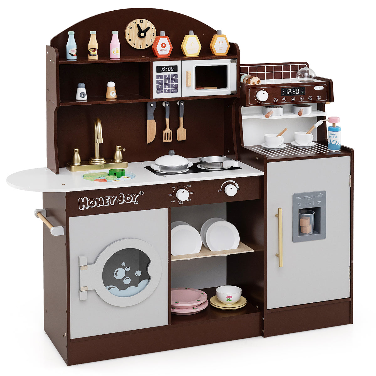 Wooden Kitchen Playset with Clock and Microwave, a brown and grey play kitchen with accessories like pots, pans, plates, and
