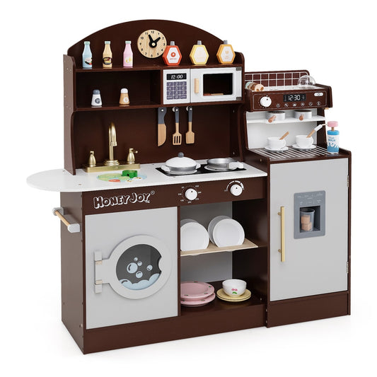 Wooden Kitchen Playset with Clock and Microwave, a brown and grey play kitchen with accessories like pots, pans, plates, and