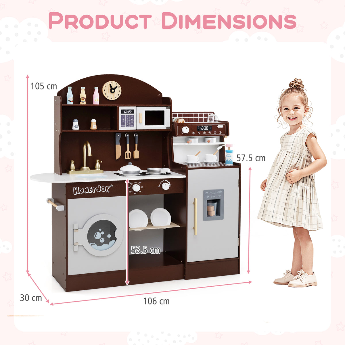 Product dimensions diagram showing the height, width, and depth of the wooden kitchen playset
