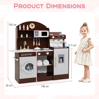 Product dimensions diagram showing the height, width, and depth of the wooden kitchen playset