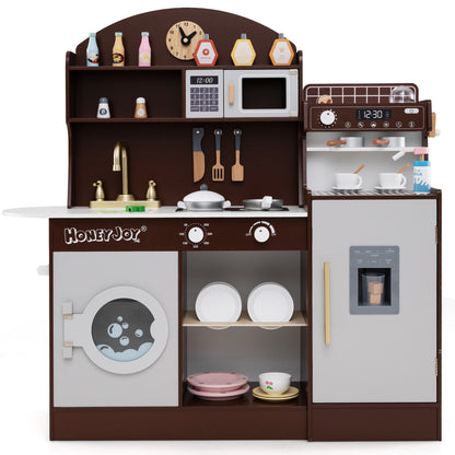 The wooden kitchen playset with the washing machine door open, showing the inside drum