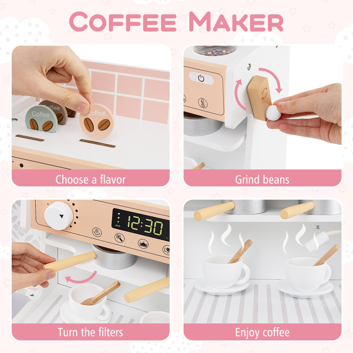 Close up of the coffee maker feature on the wooden kitchen playset with clock and microwave