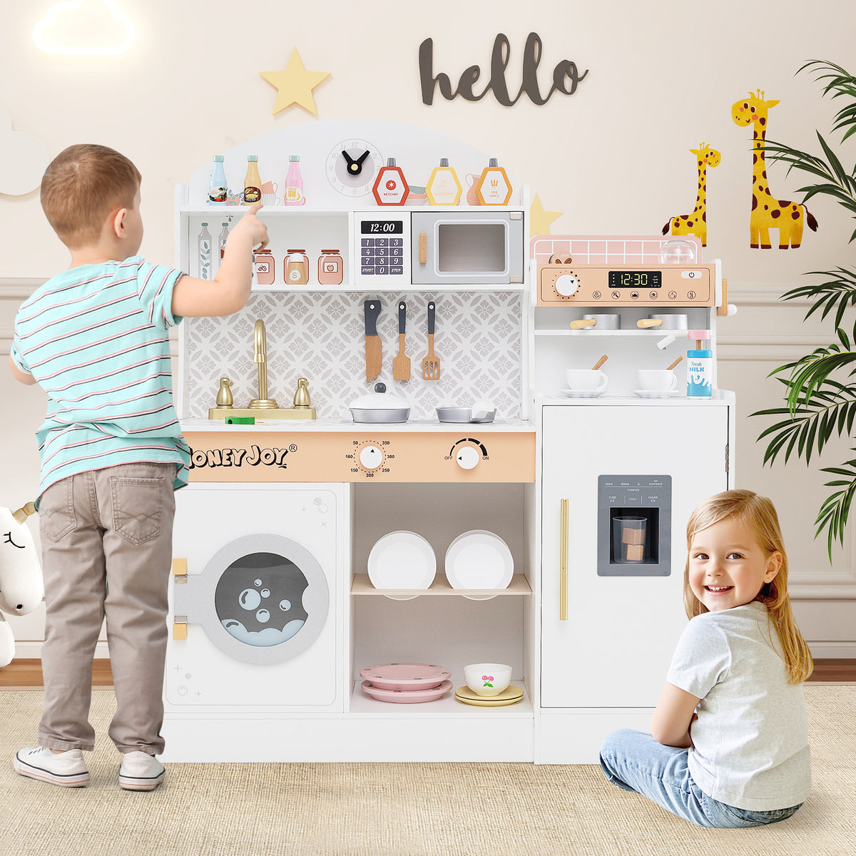 Children playing with the white wooden kitchen playset with clock and microwave