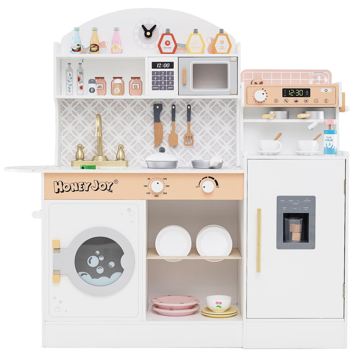 The white wooden kitchen playset with clock and microwave, showing the oven and washing machine doors