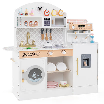 Wooden Kitchen Playset with Clock and Microwave, a white play kitchen with a washing machine, oven, microwave and fridge