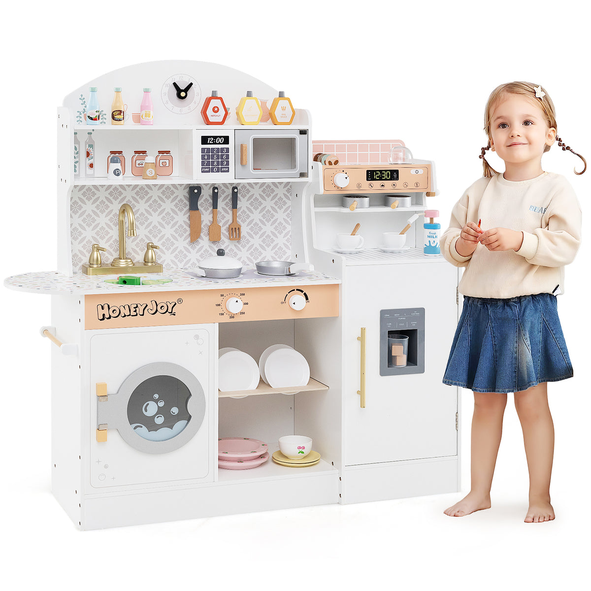 A girl stands in front of the white wooden kitchen playset with clock and microwave