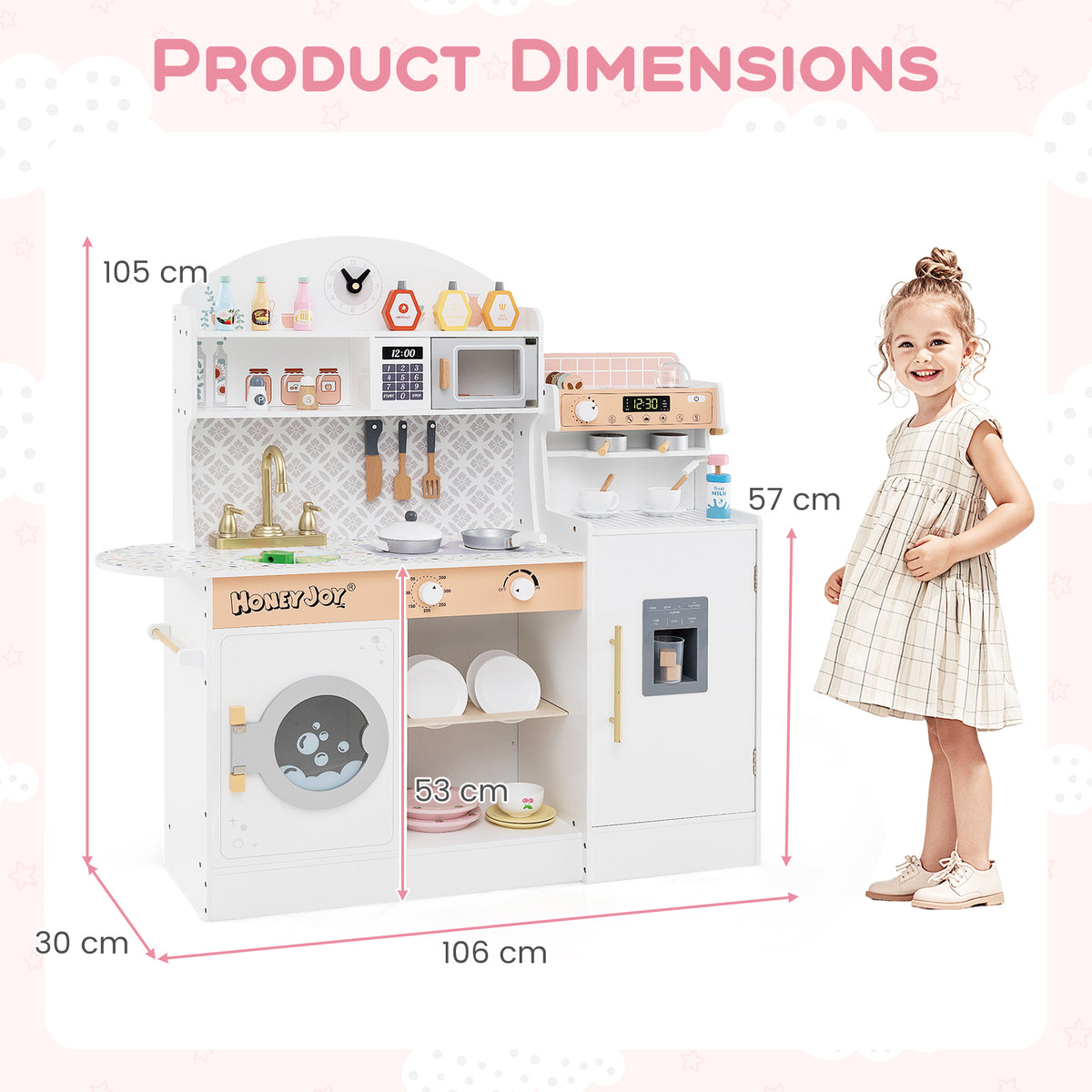 Product dimensions diagram for the white wooden kitchen playset with clock and microwave