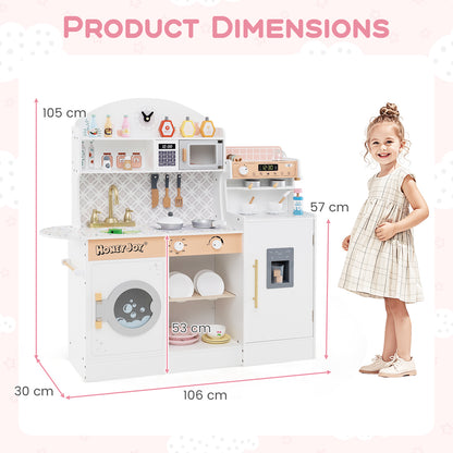 Product dimensions diagram for the white wooden kitchen playset with clock and microwave
