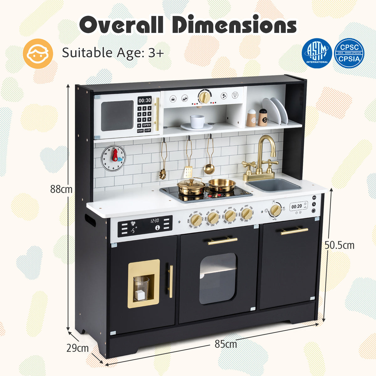 Dimensions diagram for the black wooden play kitchen set with measurements