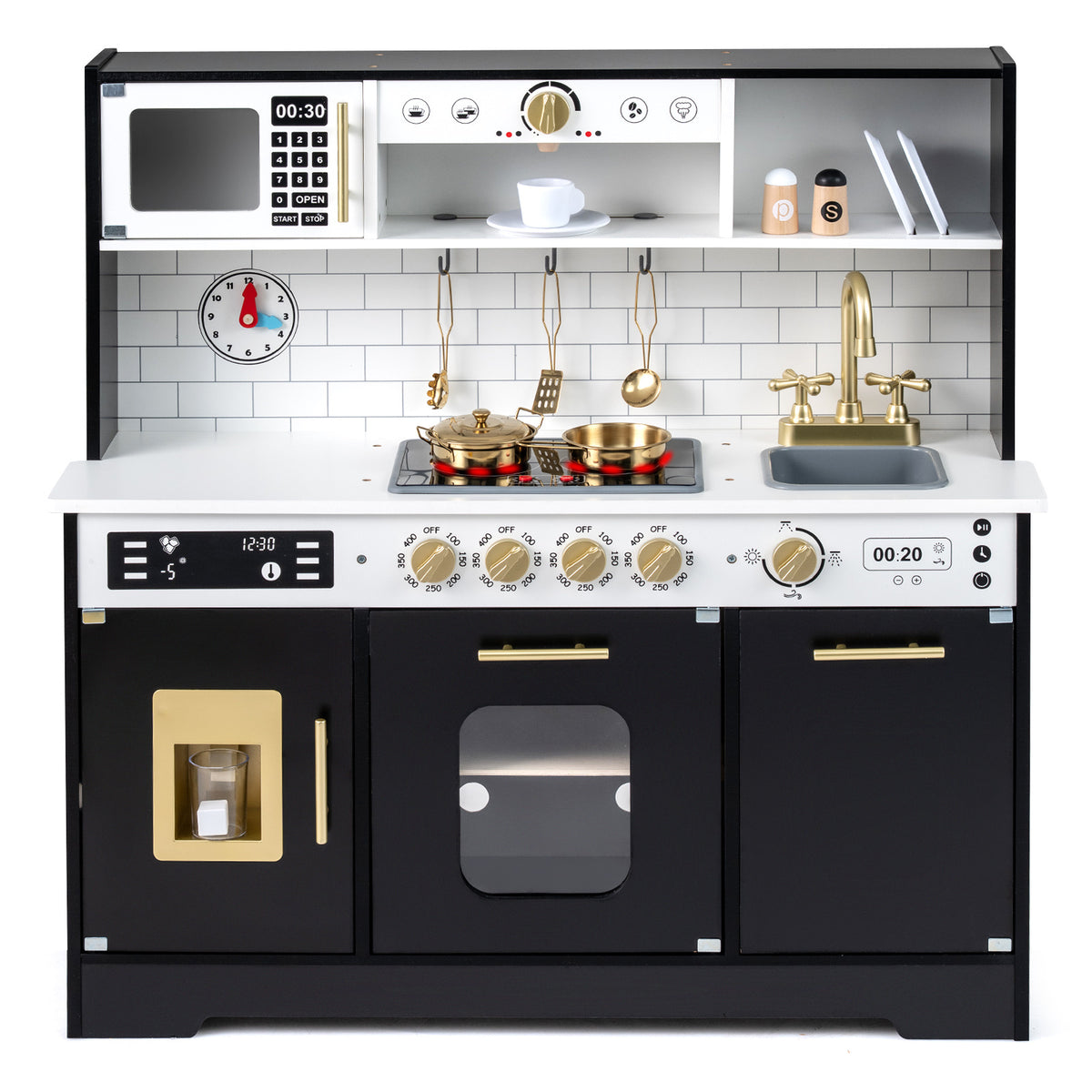 Close up of the black wooden play kitchen with gold accents and accessories