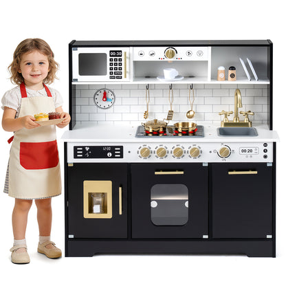 Wooden Kitchen Playset with Realistic Lights and Sounds, a child stands next to the black play kitchen