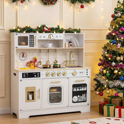 The white wooden kitchen playset decorated for Christmas with a tree and presents
