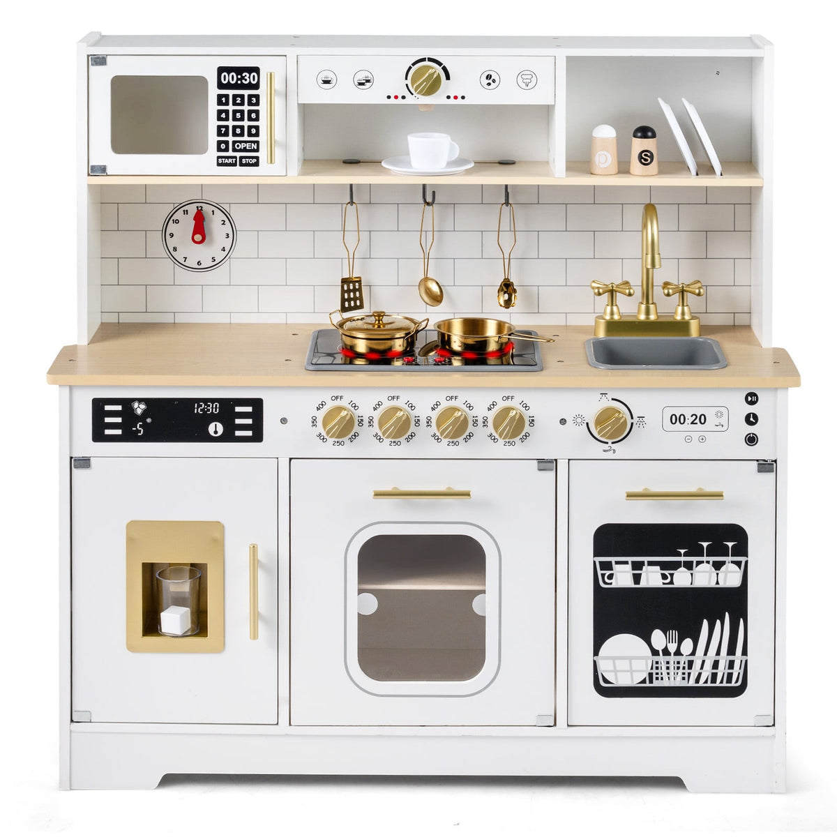 Close-up of the white wooden kitchen playset showing the hob, sink and oven details