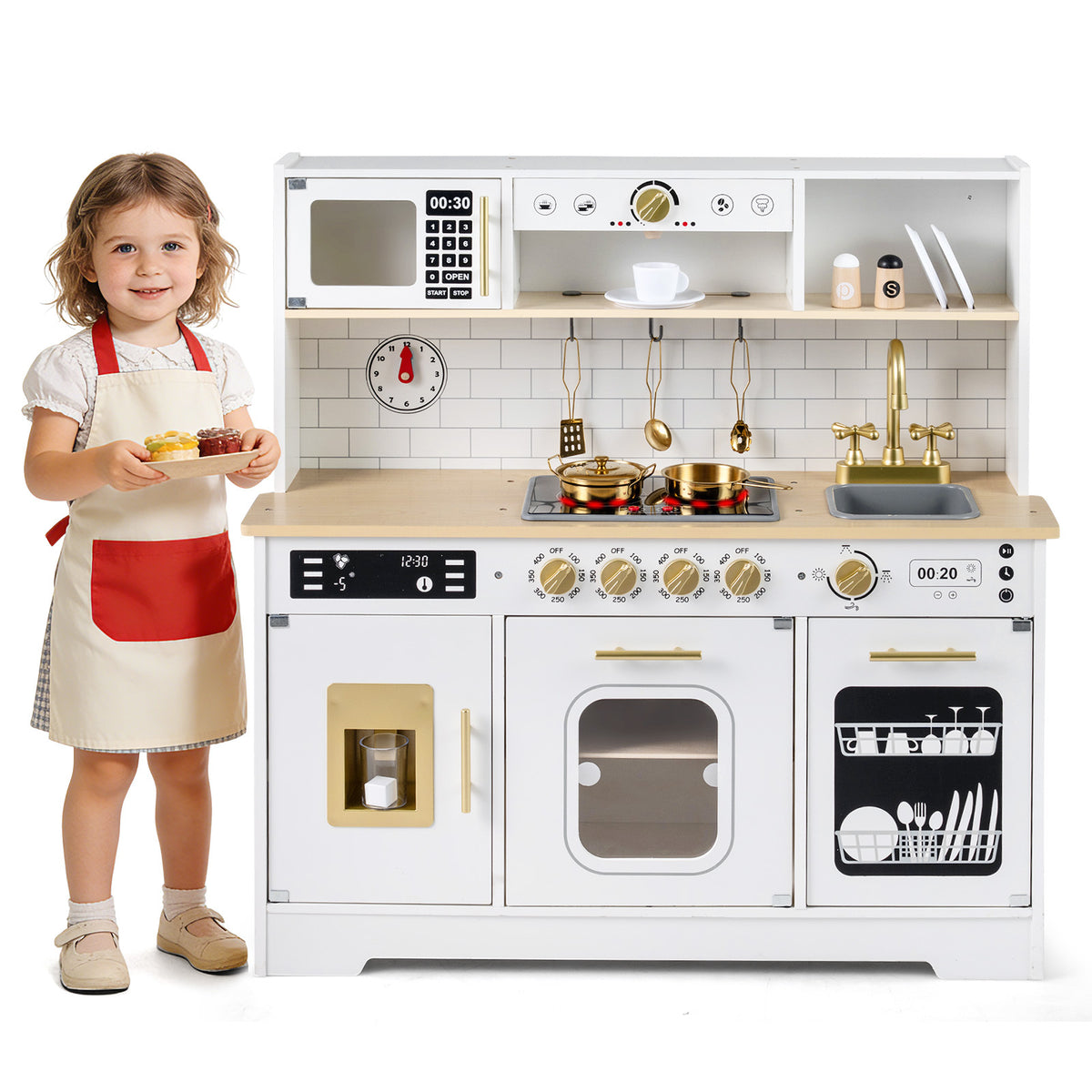 Wooden Kitchen Playset with Realistic Lights and Sounds, a white play kitchen with a girl standing to the left