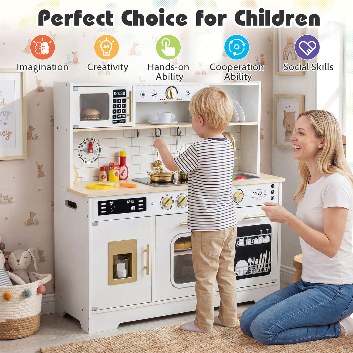 A mother and child interacting with the play kitchen, with icons showing benefits
