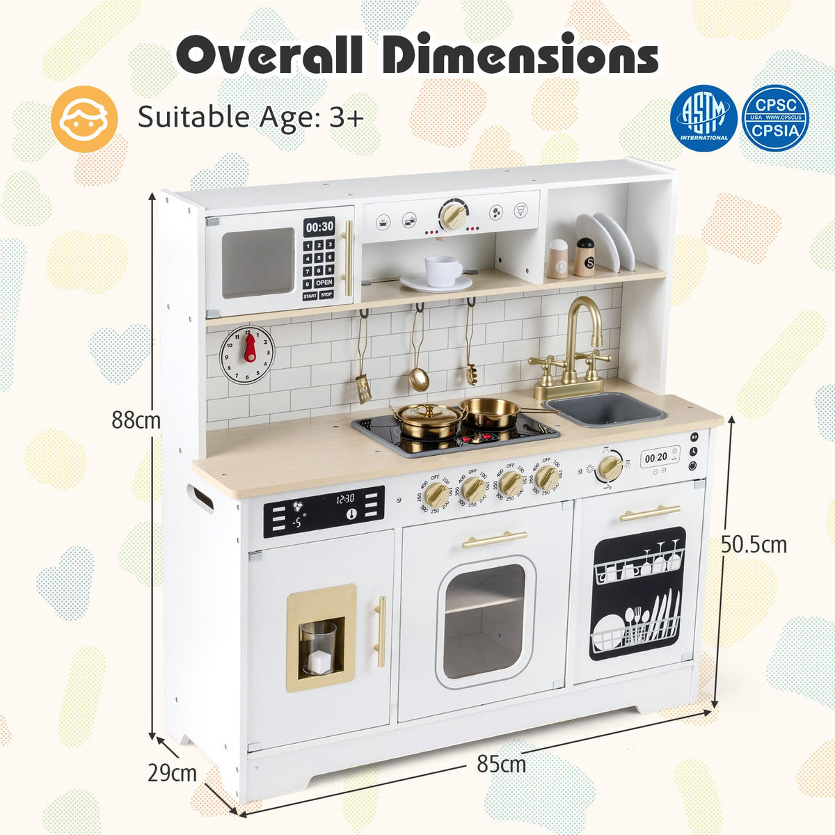 White wooden kitchen playset with overall dimensions labelled