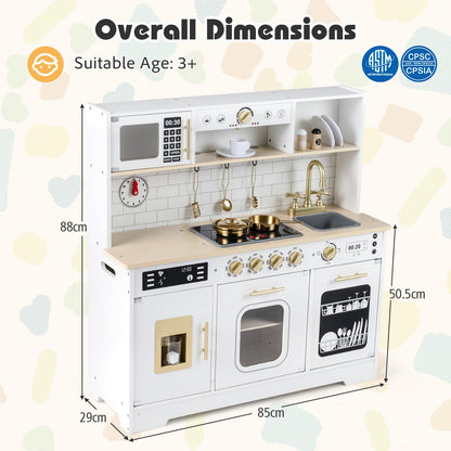 White wooden kitchen playset with overall dimensions labelled
