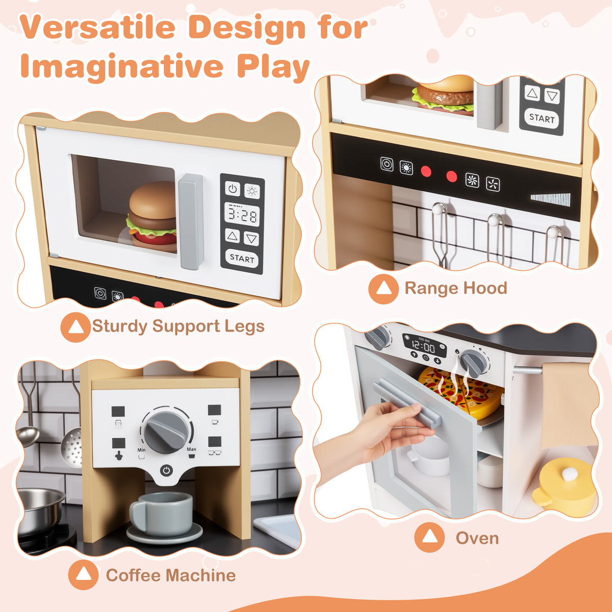Collage of close-ups showing the coffee machine, range hood and oven of the play kitchen