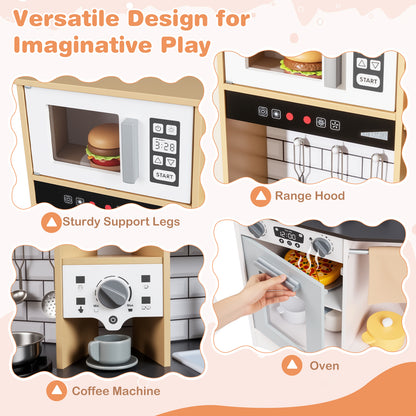 Collage of close-ups showing the coffee machine, range hood and oven of the play kitchen