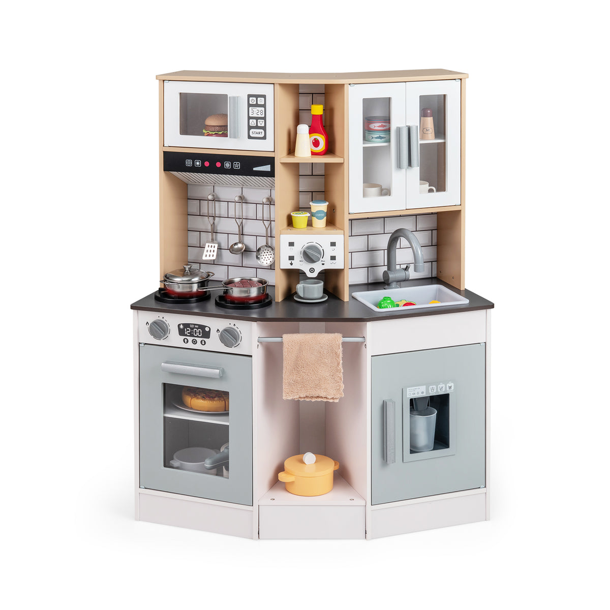 Wooden Kitchen Playset in grey and white with microwave, oven, hob and sink