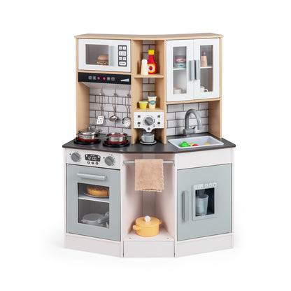 Wooden Kitchen Playset in grey and white with microwave, oven, hob and sink