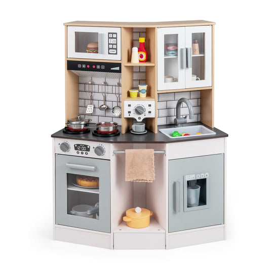 Wooden Kitchen Playset in grey and white with microwave, oven, hob and sink