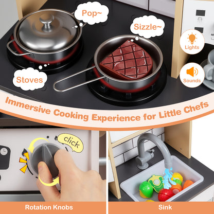 Close-ups of the play kitchen's hob with pans and the sink with food