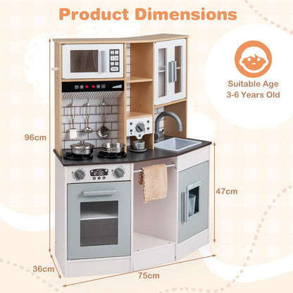 The grey and white wooden kitchen playset with dimensions shown